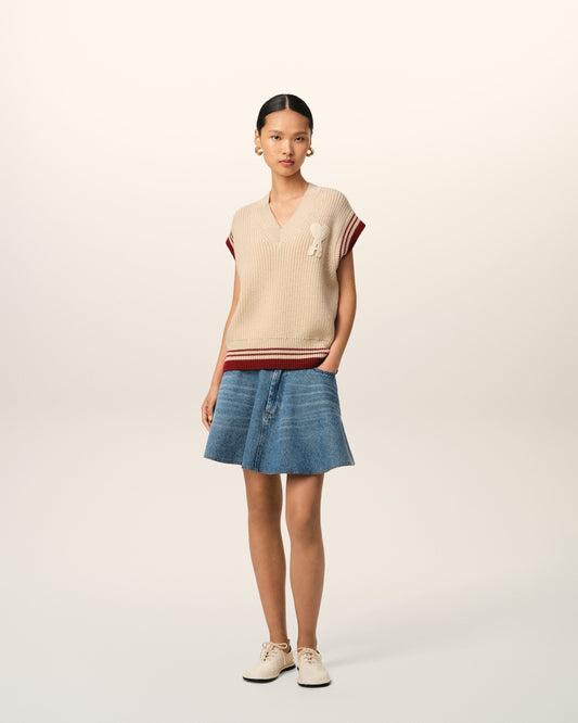 Beige Wool Ribbed Sleeveless V Neck Sweater